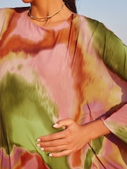 Multi Smudge Print Long Sleeve Sheer Kaftan Midi Dress - Image 3 of 5