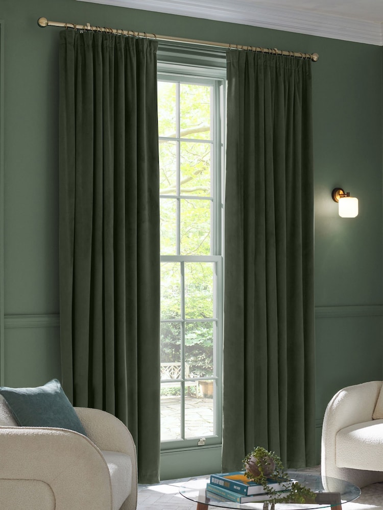 Green Dark Matte Velvet Pencil Pleat Blackout/Thermal Curtains - Image 1 of 8