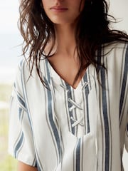White/Blue Oversized Cover Up Kaftan With Linen - Image 4 of 8