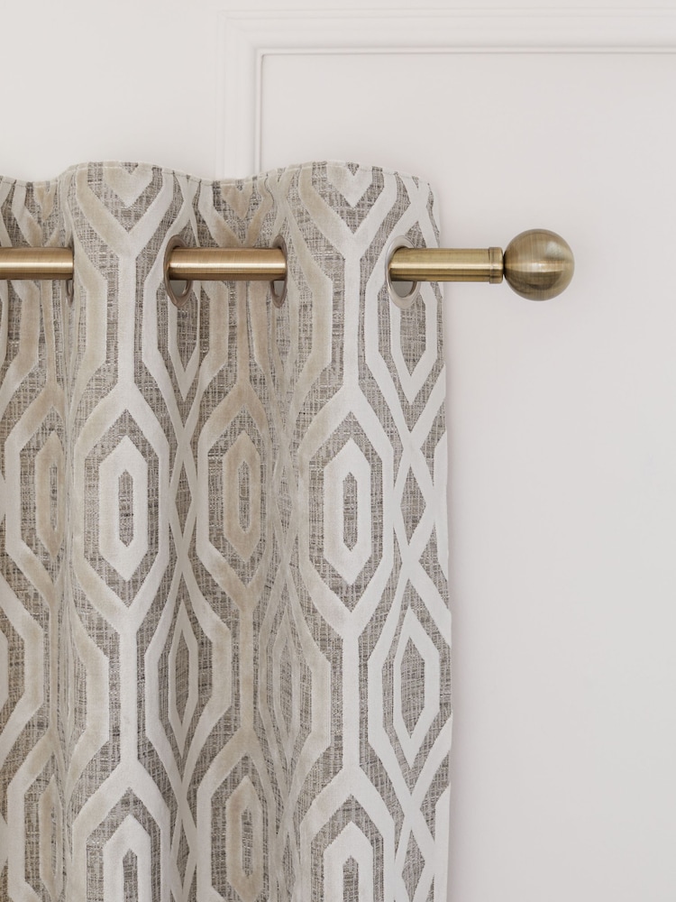 Natural/Champagne Collection Luxe Heavyweight Geometric Cut Velvet Eyelet Lined Curtains - Image 1 of 5