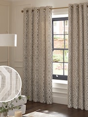 Natural/Champagne Collection Luxe Heavyweight Geometric Cut Velvet Eyelet Lined Curtains - Image 2 of 5