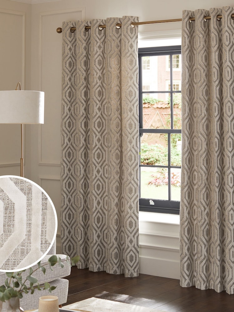 Natural/Champagne Collection Luxe Heavyweight Geometric Cut Velvet Eyelet Lined Curtains - Image 2 of 5