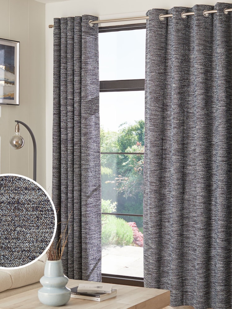 Navy Blue Bouclé Textured Eyelet Lined Curtains - Image 1 of 5