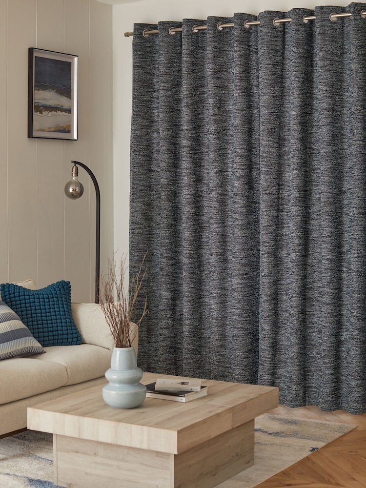 Navy Blue Bouclé Textured Eyelet Lined Curtains - Image 2 of 5