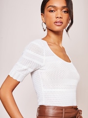 Lipsy Ivory White Short Sleeve Knitted Pointelle Round Neck Top - Image 4 of 4
