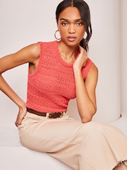 Lipsy Coral Pink Crochet Knitted Sleeveless Vest Top - Image 1 of 4