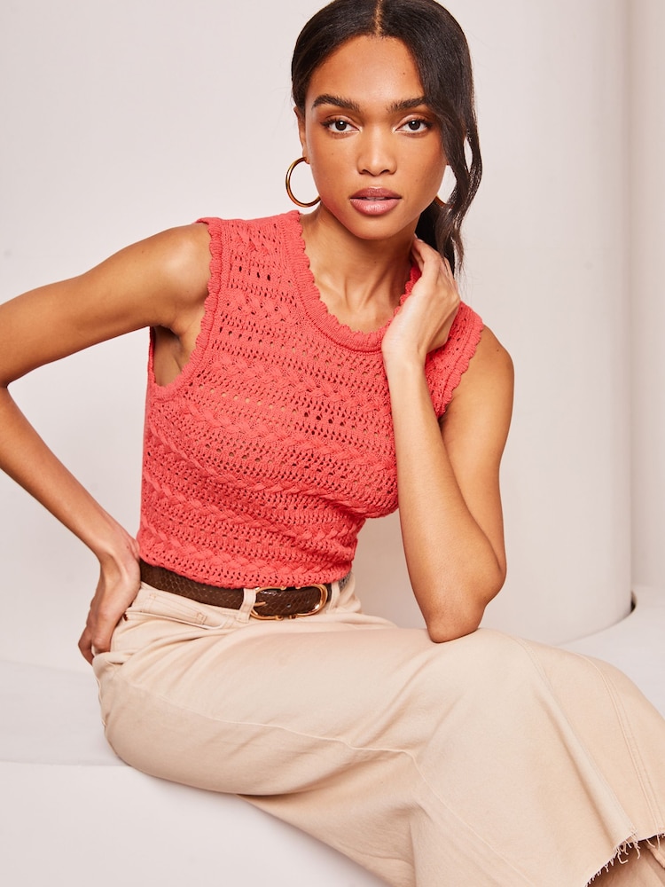 Lipsy Coral Pink Crochet Knitted Sleeveless Vest Top - Image 1 of 4