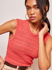 Lipsy Coral Pink Crochet Knitted Sleeveless Vest Top - Image 4 of 4
