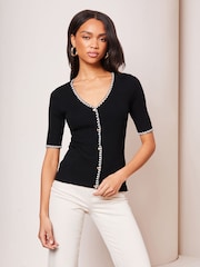 Lipsy Black Short Sleeve Tipped Knit Button Through Top - Image 1 of 4