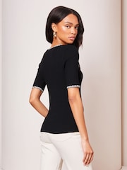 Lipsy Black Short Sleeve Tipped Knit Button Through Top - Image 2 of 4