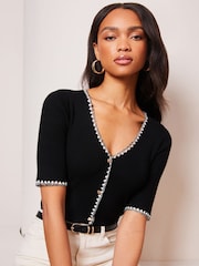 Lipsy Black Short Sleeve Tipped Knit Button Through Top - Image 3 of 4