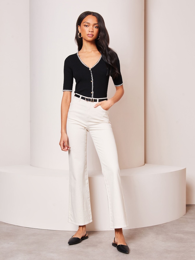 Lipsy Black Short Sleeve Tipped Knit Button Through Top - Image 4 of 4