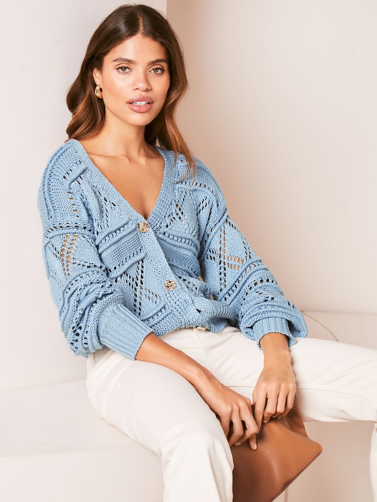Lipsy Blue Chunky Stitch Mix Knitted Cardigan - Image 1 of 4 Lipsy Blue Chunky Stitch Mix Knitted Cardigan - Image 1 of 4
