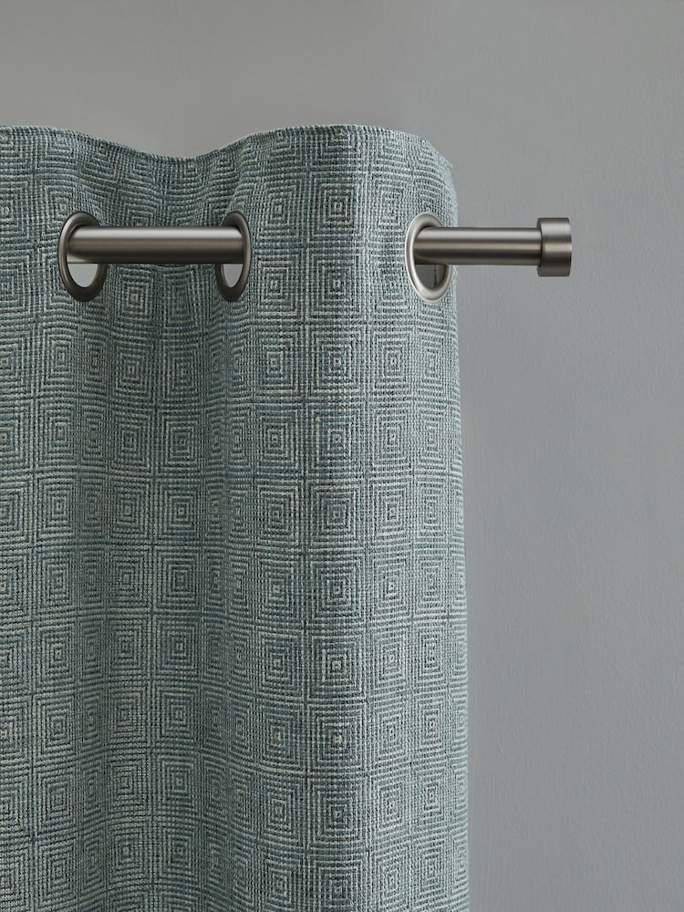 Blue Woven Geometric Eyelet Lined Curtains - Image 1 of 5