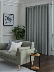 Blue Woven Geometric Eyelet Lined Curtains - Image 2 of 5