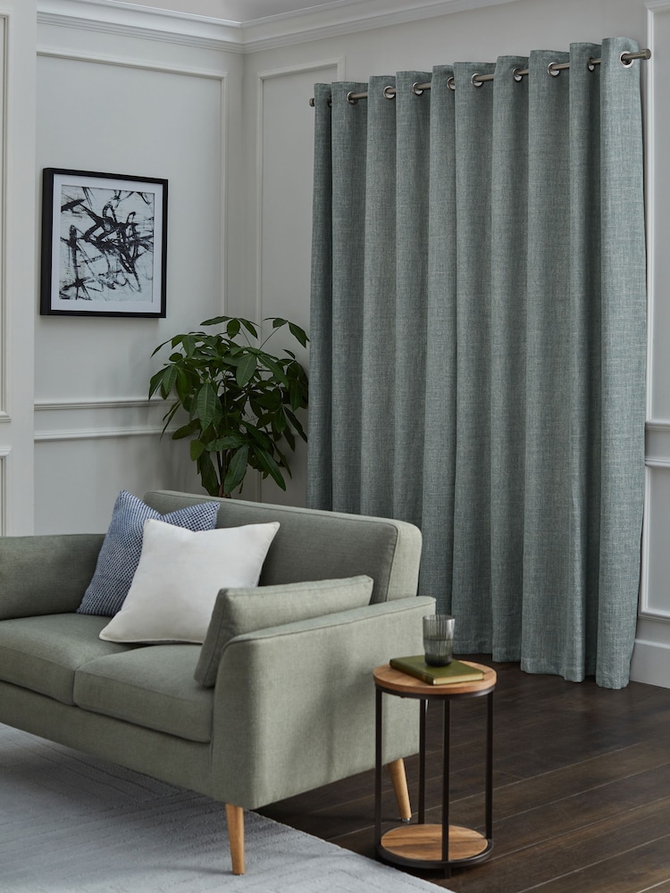 Blue Woven Geometric Eyelet Lined Curtains - Image 2 of 5