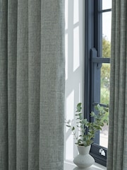 Blue Woven Geometric Eyelet Lined Curtains - Image 3 of 5