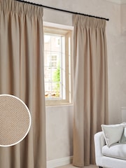 Tan Brown Natural Herringbone Weave Pencil Pleat Lined Curtains - Image 1 of 6
