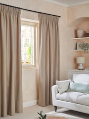 Tan Brown Natural Herringbone Weave Pencil Pleat Lined Curtains - Image 2 of 6