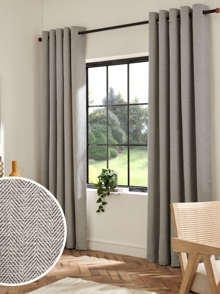 Grey Herringbone Weave Blackout/Thermal Eyelet Curtains - Image 1 of 11
