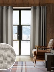 Grey Herringbone Weave Blackout/Thermal Eyelet Curtains - Image 3 of 11