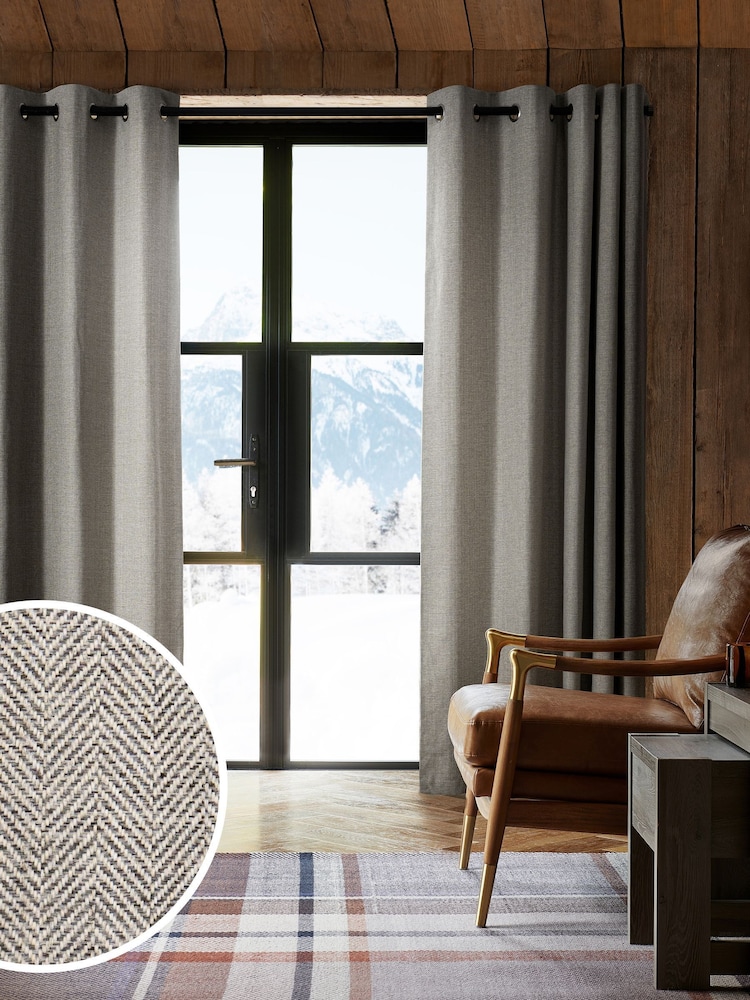 Grey Herringbone Weave Blackout/Thermal Eyelet Curtains - Image 3 of 11