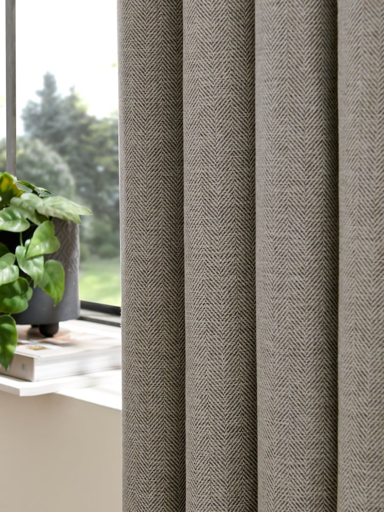 Grey Herringbone Weave Blackout/Thermal Eyelet Curtains - Image 7 of 11