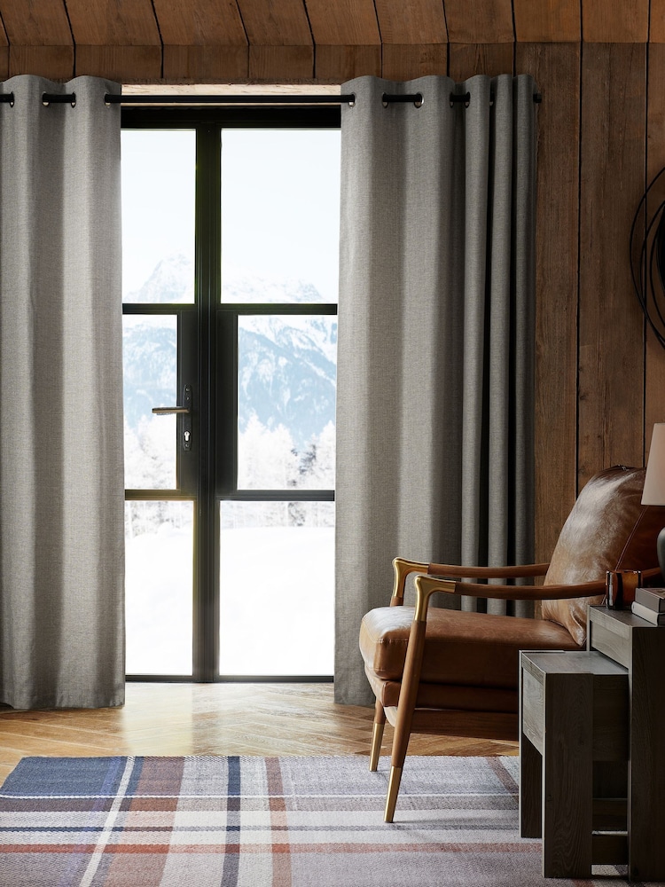 Grey Herringbone Weave Blackout/Thermal Eyelet Curtains - Image 8 of 11