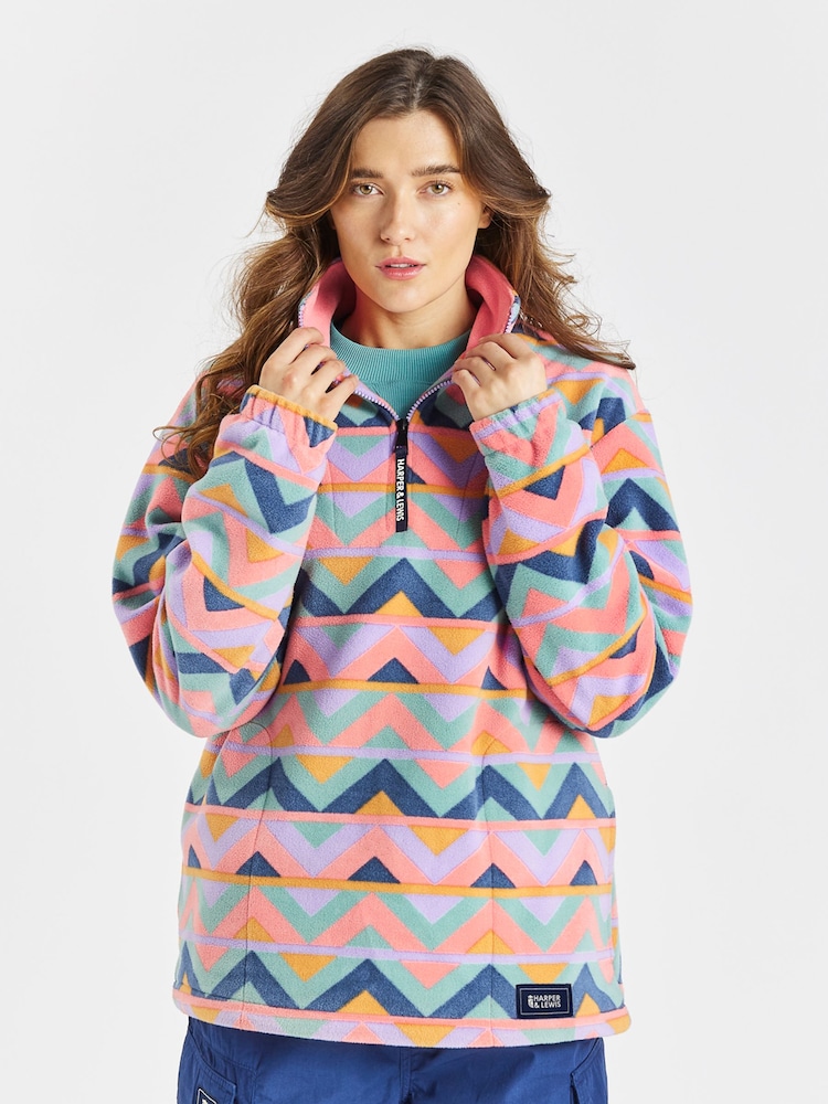 Harper & Lewis Pink Raver Retro Pattern 1/4 Zip Polar Fleece - Image 4 of 7