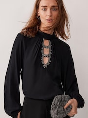 Mint Velvet Black Cut Out Embellished Top - Image 2 of 4