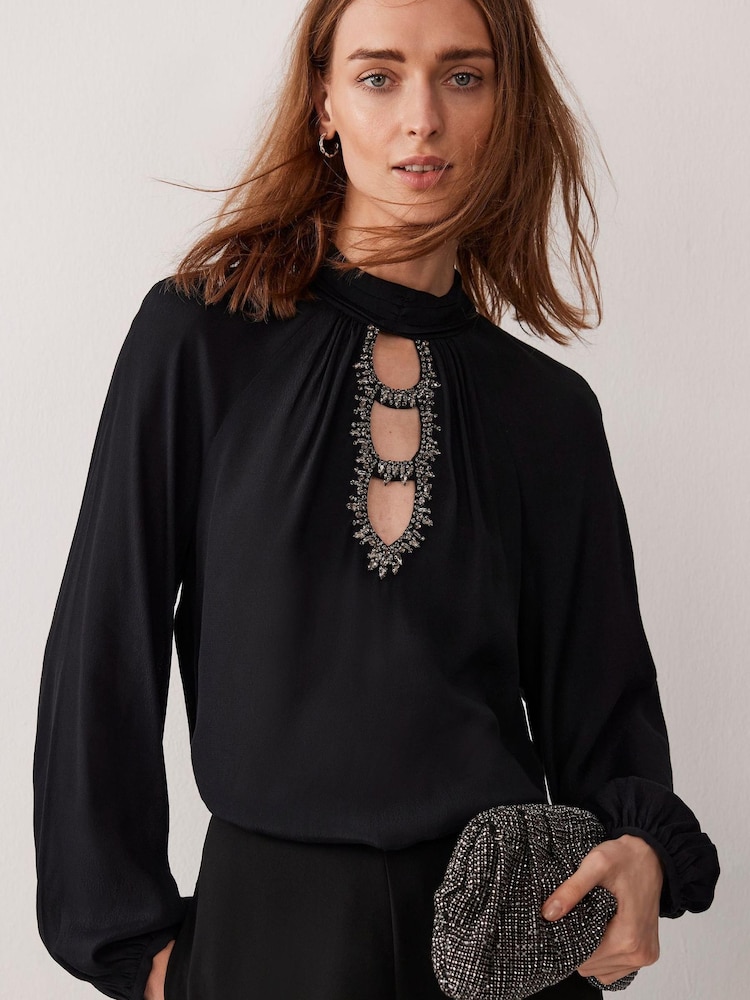 Mint Velvet Black Cut Out Embellished Top - Image 2 of 4