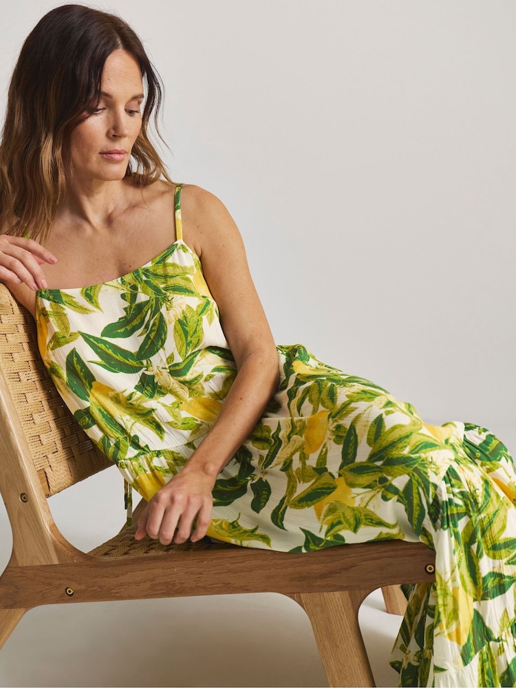 lemon beach dress Jiueut Lemon Flower Print Maxi Dress with Pockets for Women, Sleeveless Linen Look Summer Dresses, Wrinkle Resistant Flowy Long Dress, Casual Beach