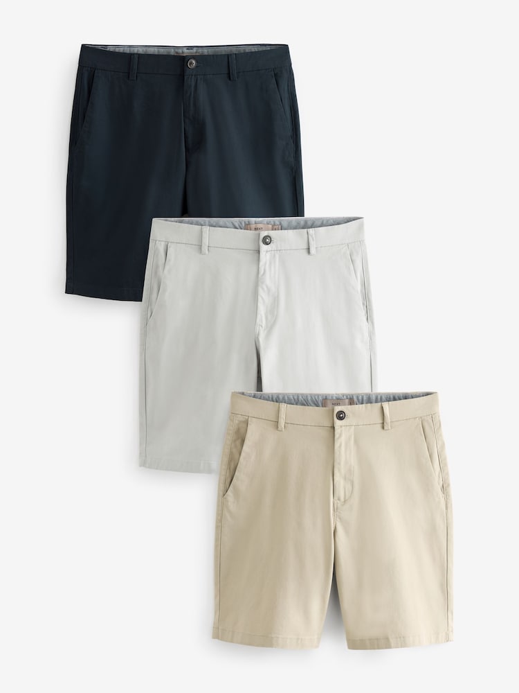 Navy Blue/Grey/Stone Stretch Chinos Shorts 3 Pack - Image 1 of 15 Navy Blue/Grey/Stone Stretch Chinos Shorts 3 Pack - Image 1 of 15