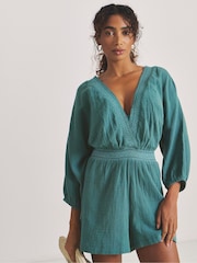 Simply Be Blue Long Sleeve Beach Playsuit - Image 2 of 4