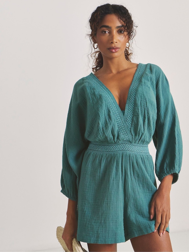 Simply Be Blue Long Sleeve Beach Playsuit - Image 2 of 4 Simply Be Blue Long Sleeve Beach Playsuit - Image 2 of 4