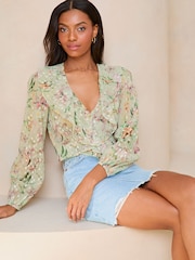 Lipsy Green Ruffle Metallic Blouse - Image 1 of 4