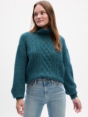 Gap Teal Relaxed Forever Cosy Turtle Neck Cable Knit Jumper - Image 1 of 2