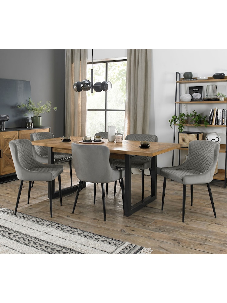 Bentley Designs Rustic Oak Black Indus Extending 6-8 Seater Dining Table and Grey Chairs Set - Image 1 of 6