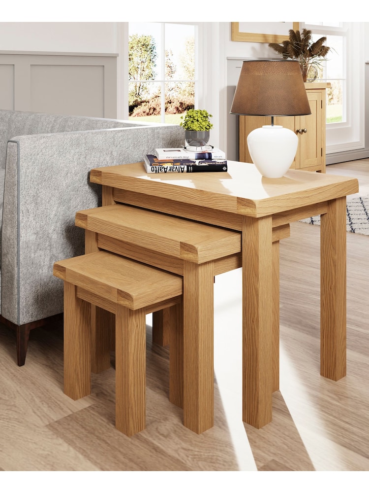 K Interiors Oak Canterbury Solid Wood Nest of 3 Tables - Image 1 of 6
