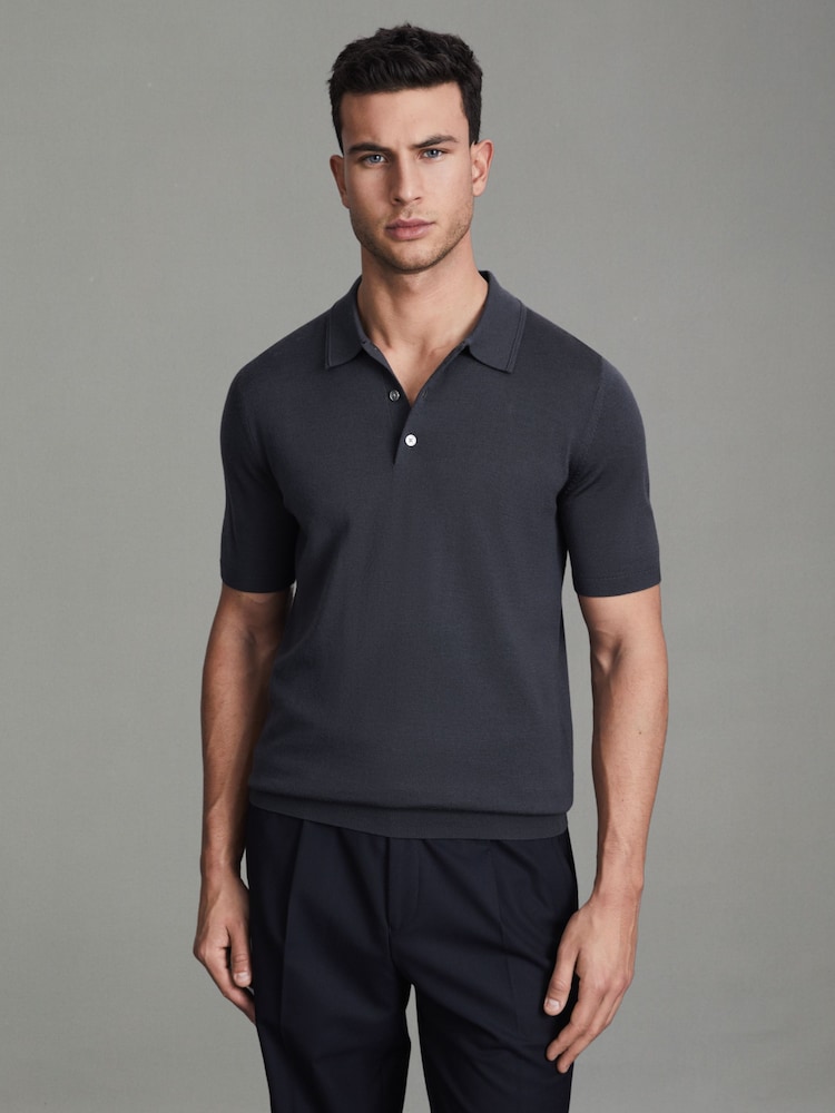 Reiss Blue Smoke Manor Merino Wool Polo Shirt - Image 1 of 6