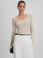 Reiss Cream Sierra Knitted Scoop Neck Top - Image 1 of 7