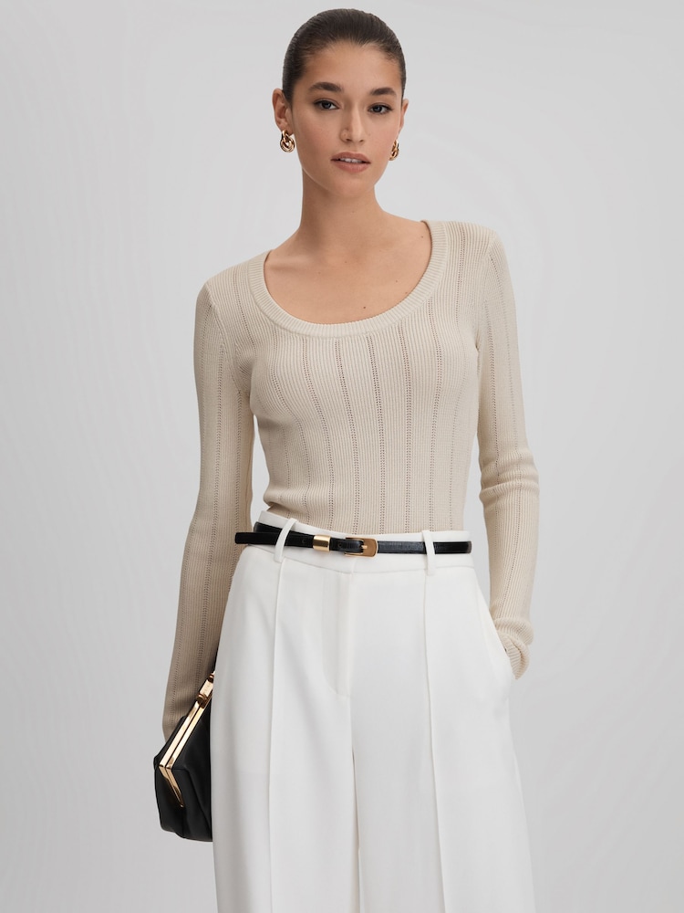 Reiss Cream Sierra Knitted Scoop Neck Top - Image 1 of 7