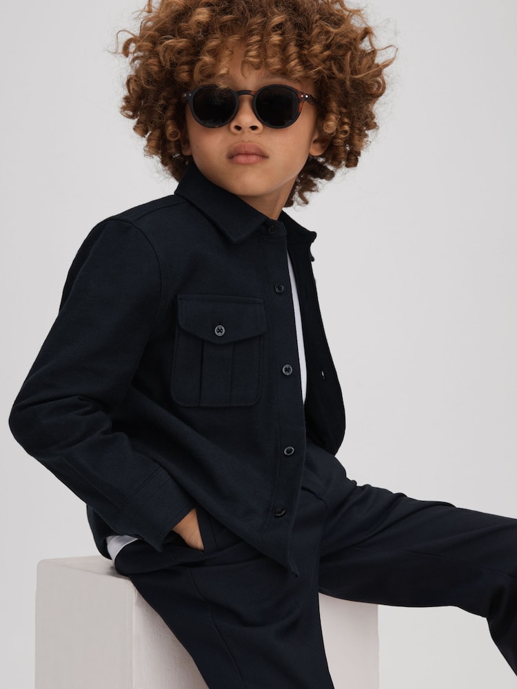 Reiss Navy Thomas Brushed Cotton Patch Pocket Overshirt - Image 1 of 4