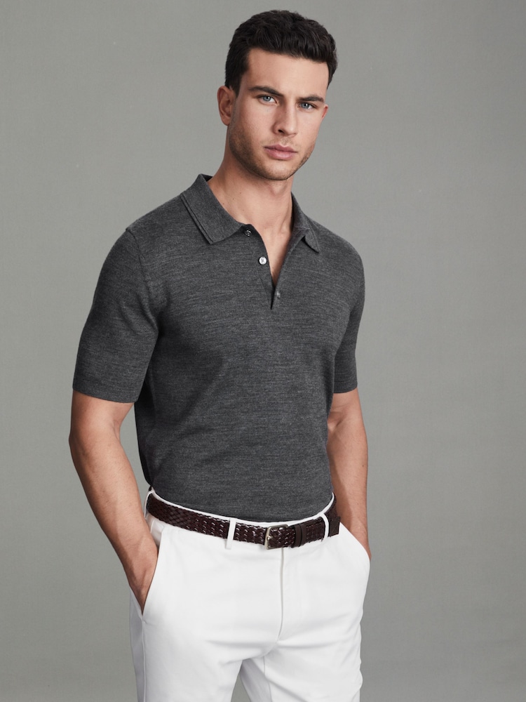 Reiss Derby Grey Marl Manor Slim Fit Merino Wool Polo Shirt - Image 1 of 6