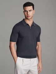 Reiss Blue Smoke Maxwell Merino Wool Half-Zip Polo Shirt - Image 1 of 5