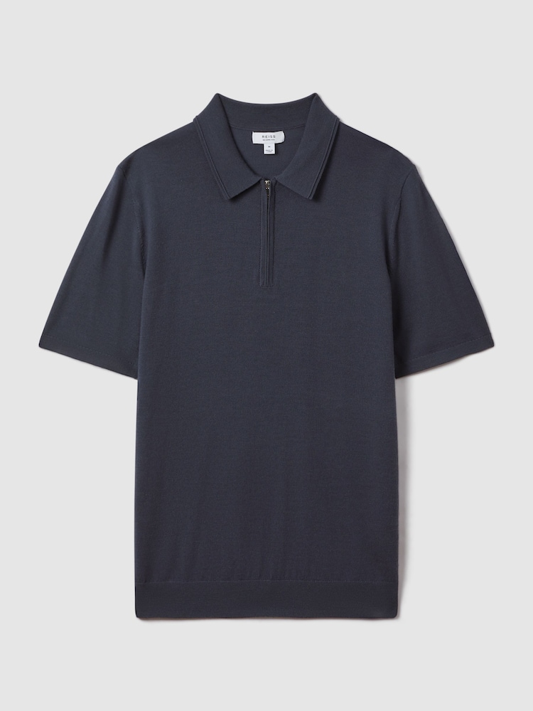Reiss Blue Smoke Maxwell Merino Wool Half-Zip Polo Shirt - Image 2 of 5