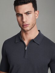 Reiss Blue Smoke Maxwell Merino Wool Half-Zip Polo Shirt - Image 4 of 5
