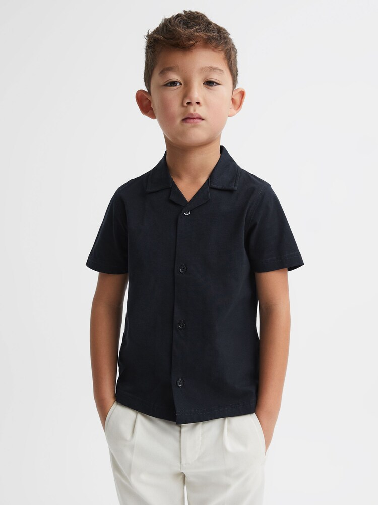 Reiss Navy Caspa Cotton Cuban Collar Shirt - Image 1 of 6