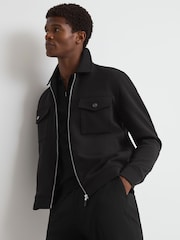 Reiss Black Medina Interlock Jersey Zip-Through Overshirt - Image 1 of 7