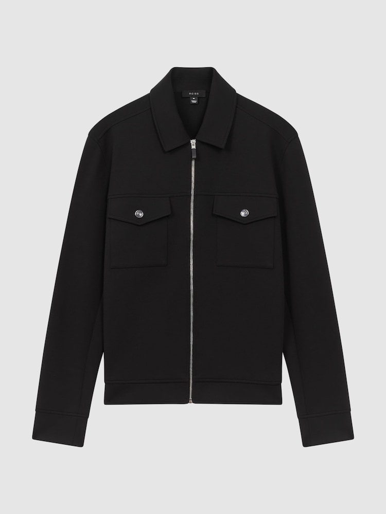 Reiss Black Medina Interlock Jersey Zip-Through Overshirt - Image 2 of 7